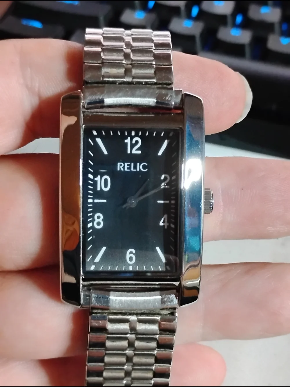 Relic Men's Silver Stainless Steel Rectangular Black Dial Watch